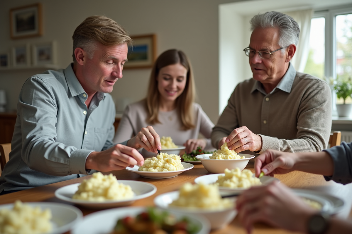 Groupe de trois personnes estimant leur portion de purée de pommes de terre