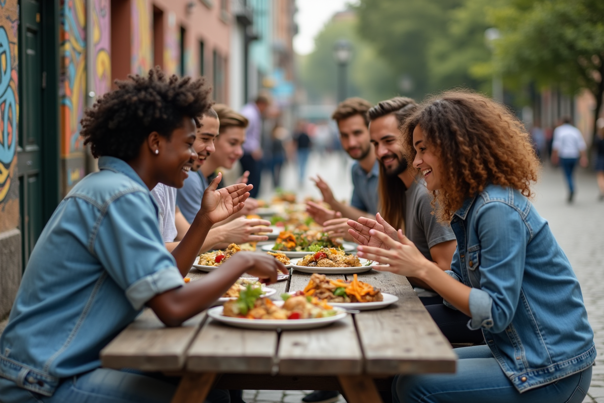 Jeunes partageant un repas de rue en plein air