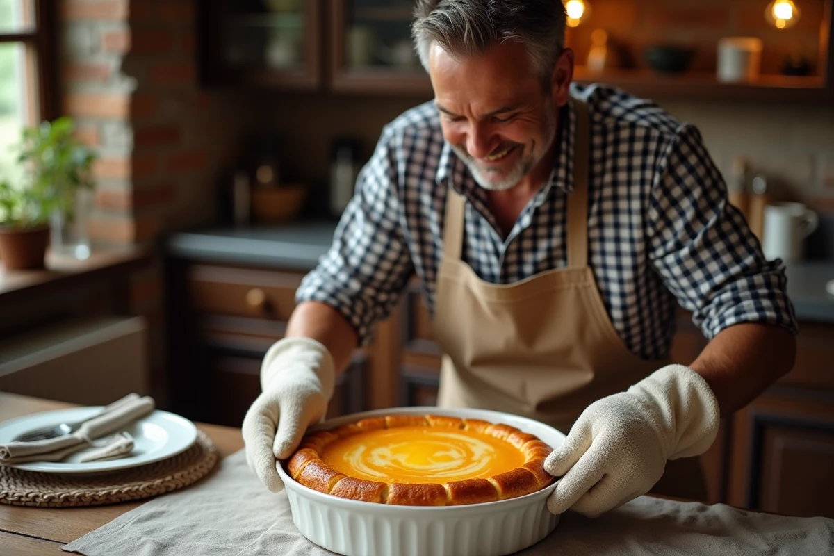 Homme sortant un g&acirc;teau dor&eacute; du four dans une salle &agrave; manger chaleureuse