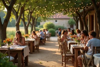 Terrasse rustique de la Guinguette de la Ferme à Bondues avec tables en bois, chaises vintage et convives qui trinquent sous des arbres en été