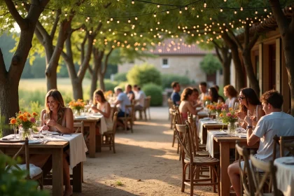 Terrasse rustique de la Guinguette de la Ferme à Bondues avec tables en bois, chaises vintage et convives qui trinquent sous des arbres en été
