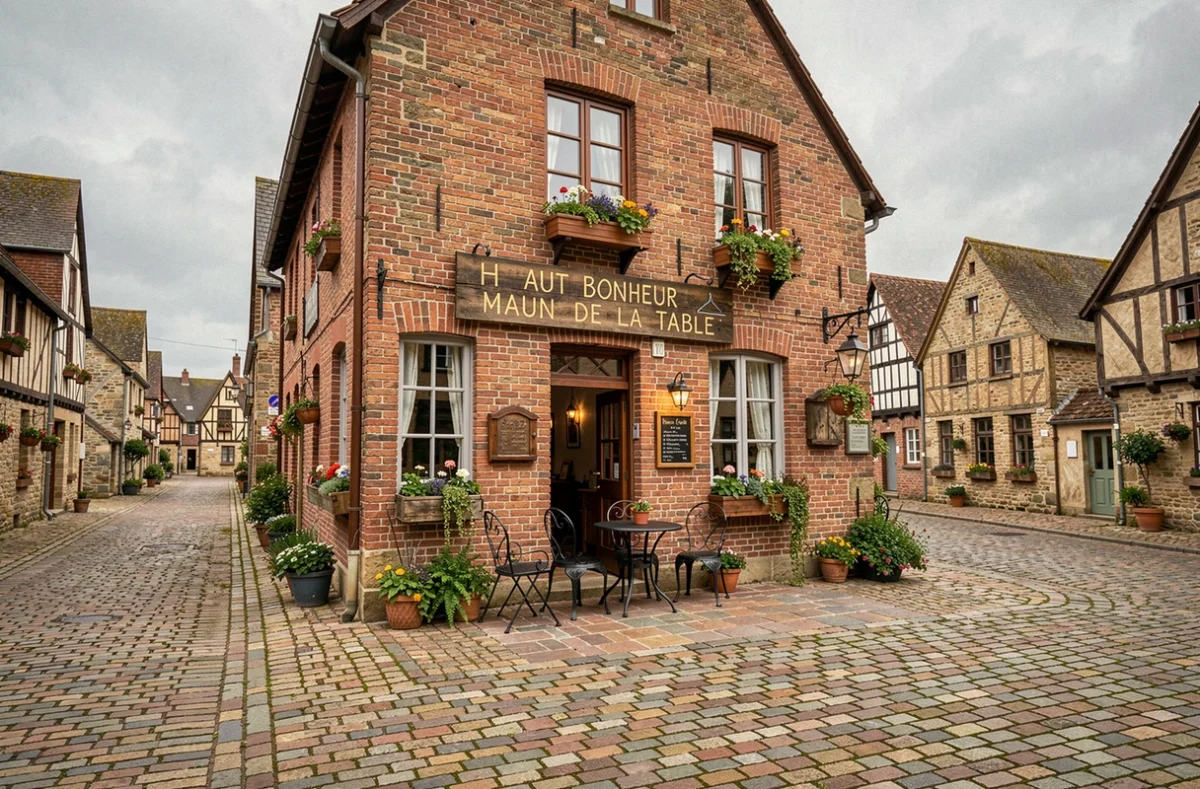 Façade flamande du restaurant étoilé Haut Bonheur de la Table sur la place pittoresque de Cassel avec terrasse fleurie