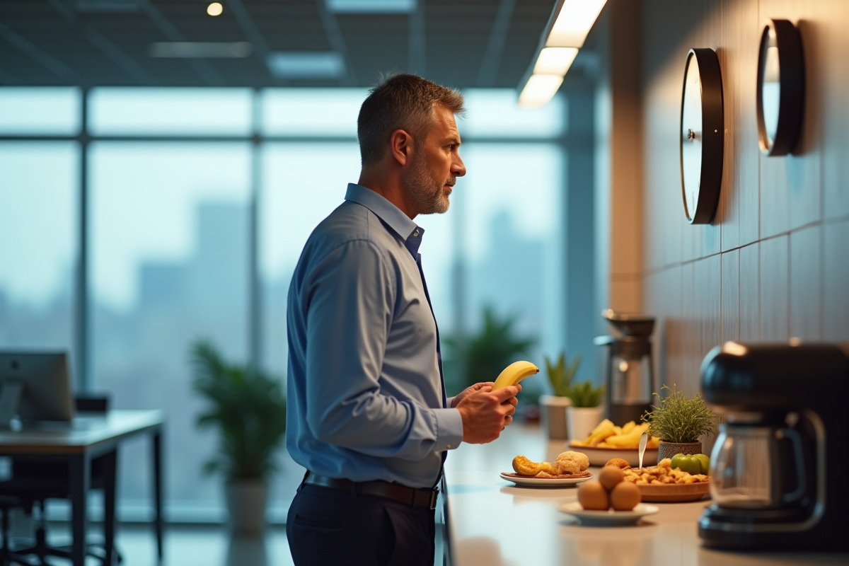 Homme d age mangeant une banane au bureau