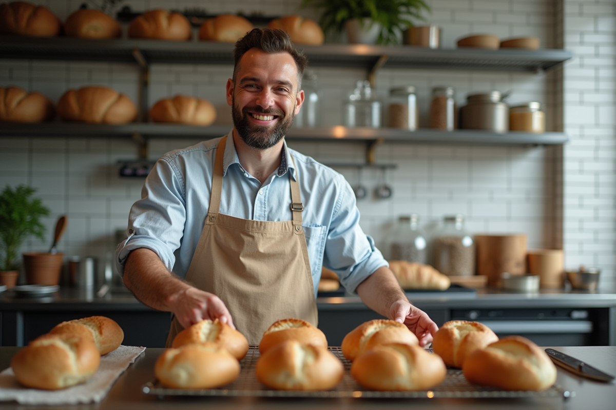 Homme arrangeant pain keto dans la boulangerie moderne