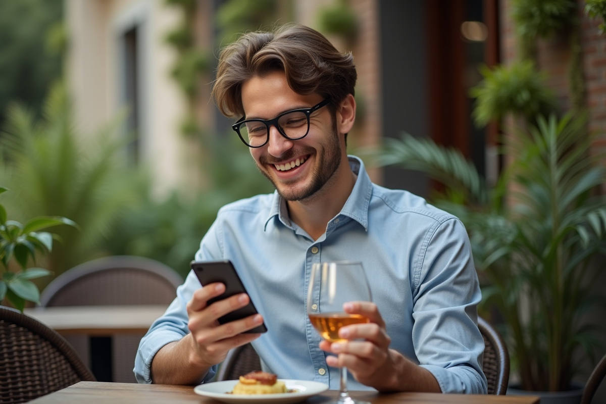 Homme souriant buvant un spiritueux en terrasse urbaine