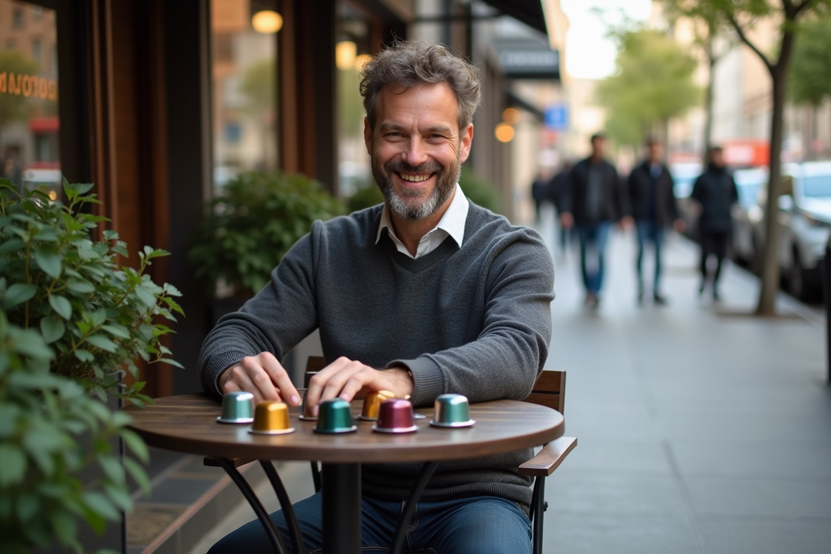 Homme dans un café organisant des capsules de café