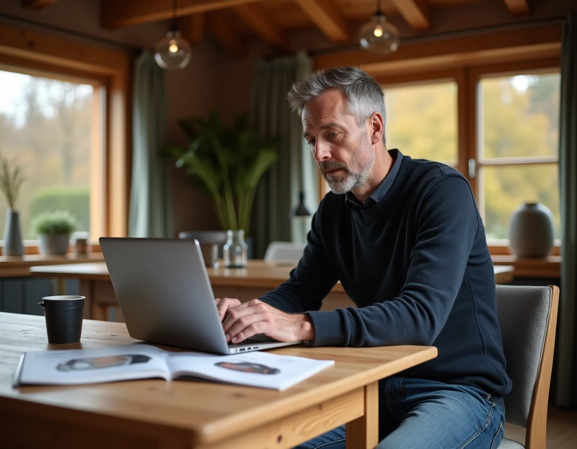 Homme comparant les offres et prix du catalogue Thermomix Vorwerk sur un ordinateur portable avec brochure imprimée