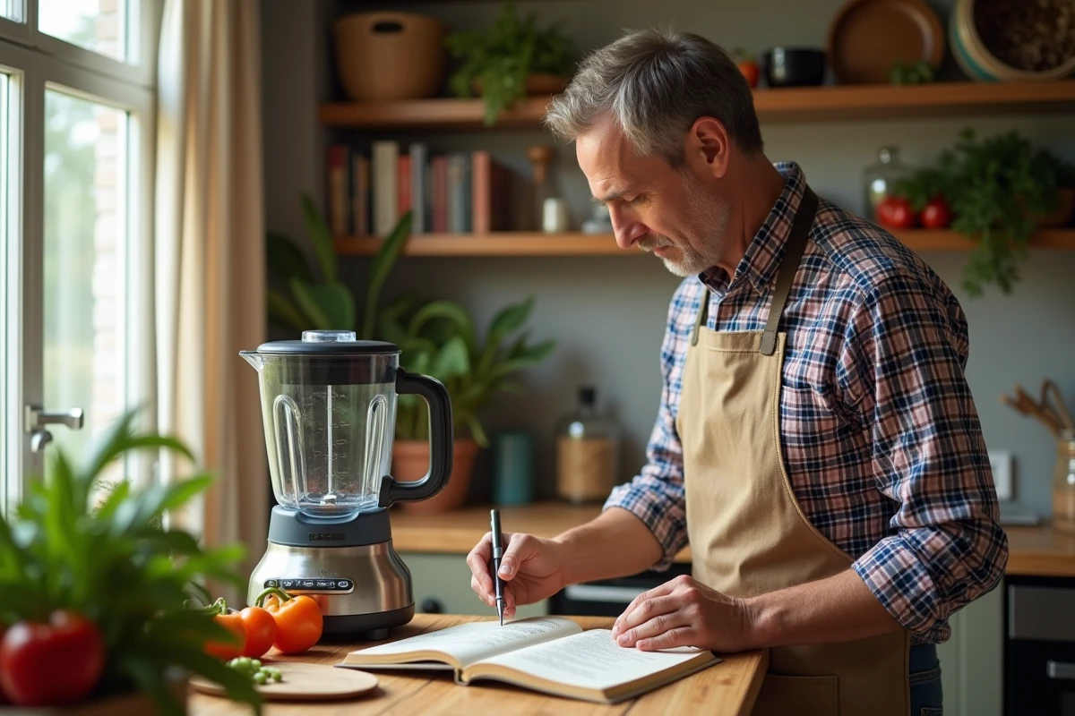 Homme en cuisine préparant des ingrédients avec un blender moderne