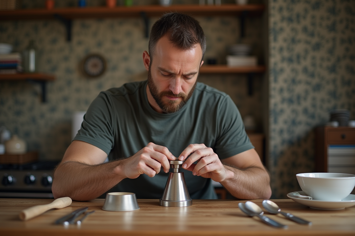 Homme dévissant un siphon à crème sur une table en bois