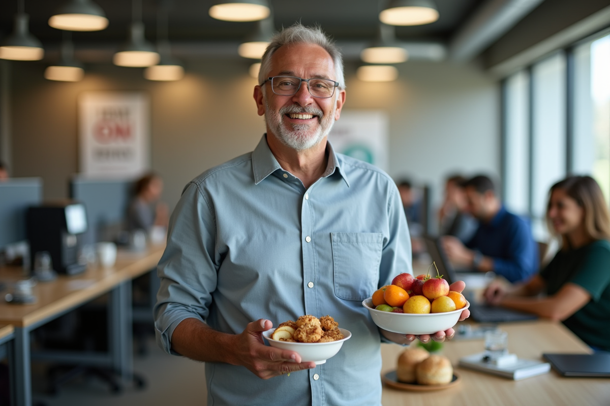 Homme refusant des viennoiseries pour des fruits frais au bureau