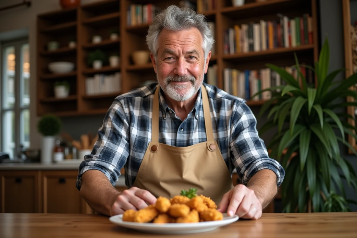 Homme arrangeant des tenders de poulet frit sur une assiette en cuisine