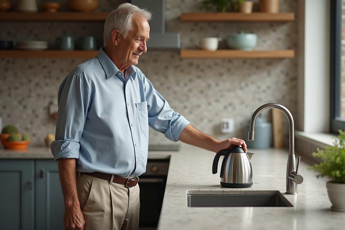 Homme âgé atteignant une bouilloire électrique dans la cuisine moderne