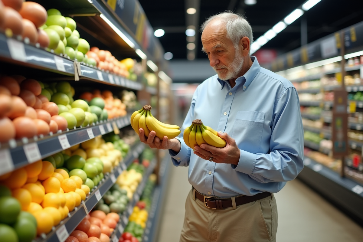 Homme âgé comparant bananes bio et non bio en magasin