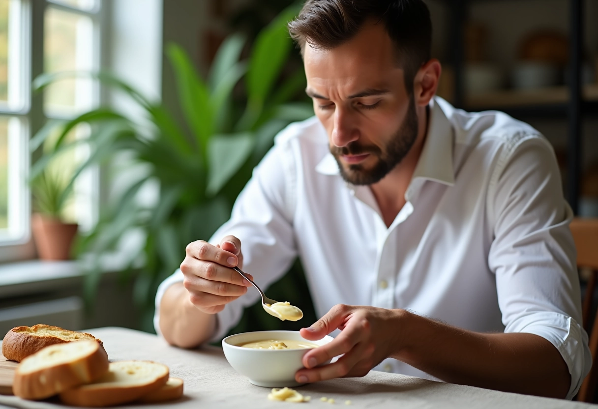 Homme mélangeant mayonnaise dans un bol à la table