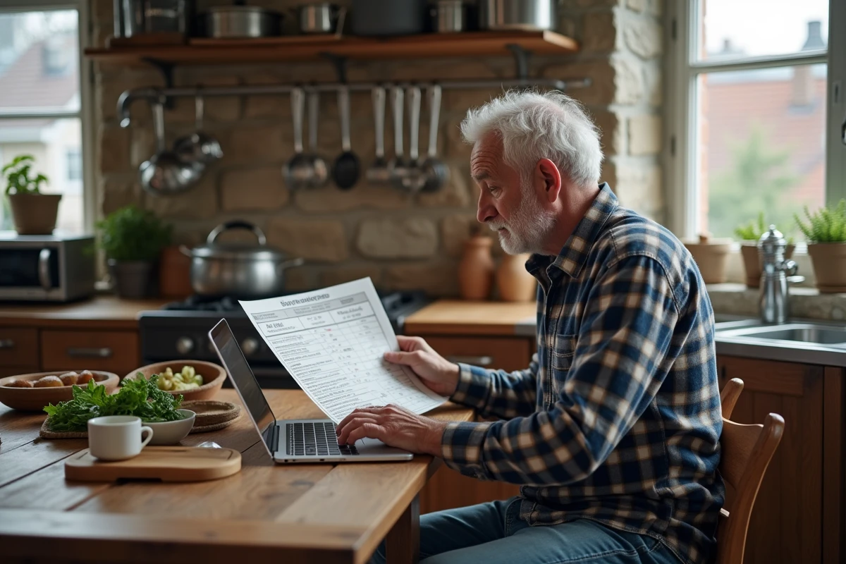 Homme &acirc;g&eacute; consulte un tableau de conversion en cuisine