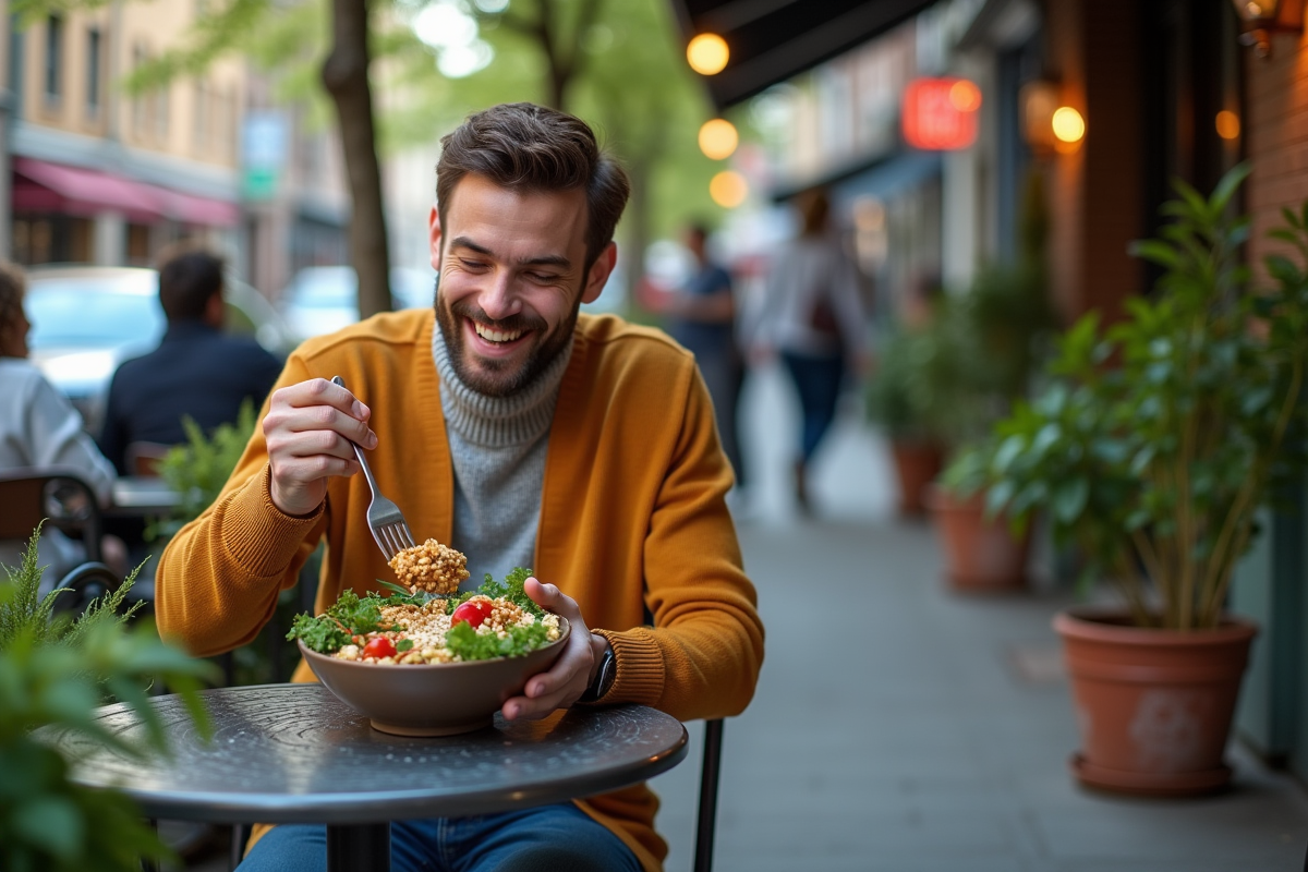 Jeune homme dégustant un bol vegan en terrasse urbaine