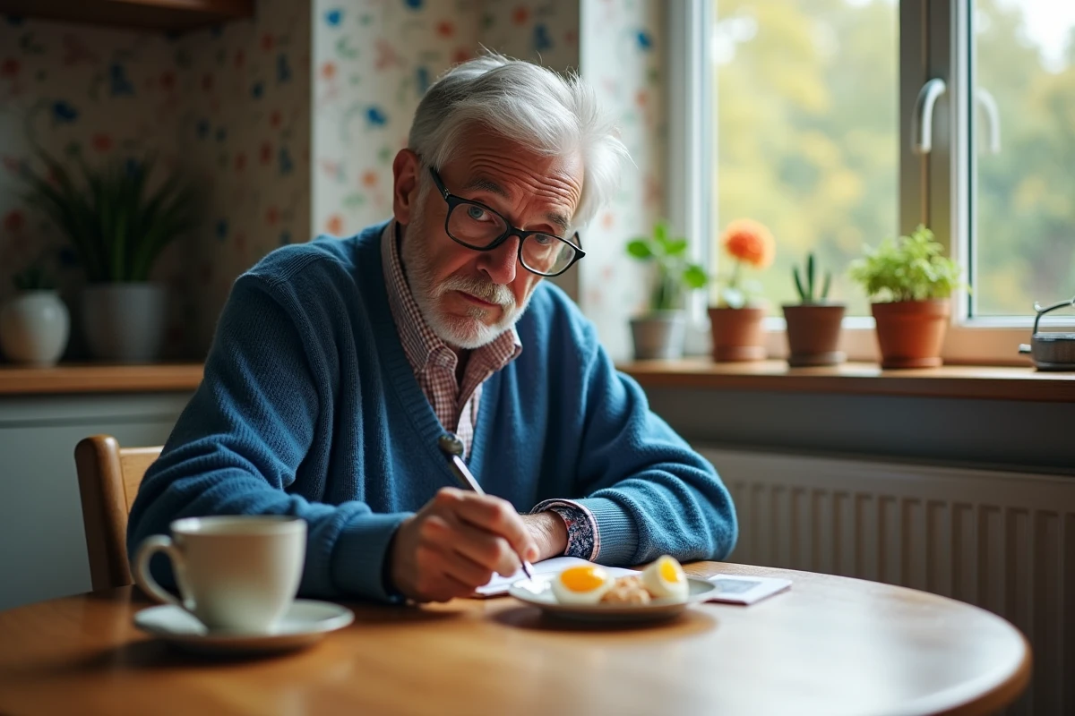 Homme âgé écrit ses observations sur des œufs cassés