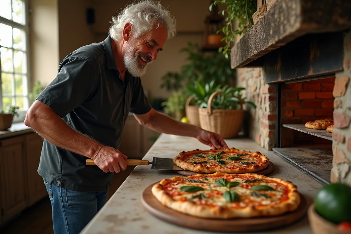 Homme préparant une pizza dans un four artisanal en cuisine