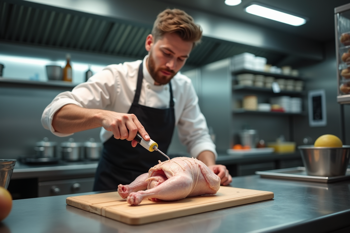 Jeune homme montrant où placer le thermomètre dans un poulet cru