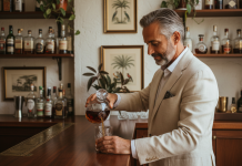 Pourquoi le rhum devient la star des spiritueux haut de gamme Homme d'âge moyen versant du rhum dans un verre en cristal