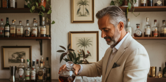 Pourquoi le rhum devient la star des spiritueux haut de gamme Homme d'âge moyen versant du rhum dans un verre en cristal