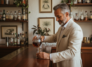 Pourquoi le rhum devient la star des spiritueux haut de gamme Homme d'âge moyen versant du rhum dans un verre en cristal
