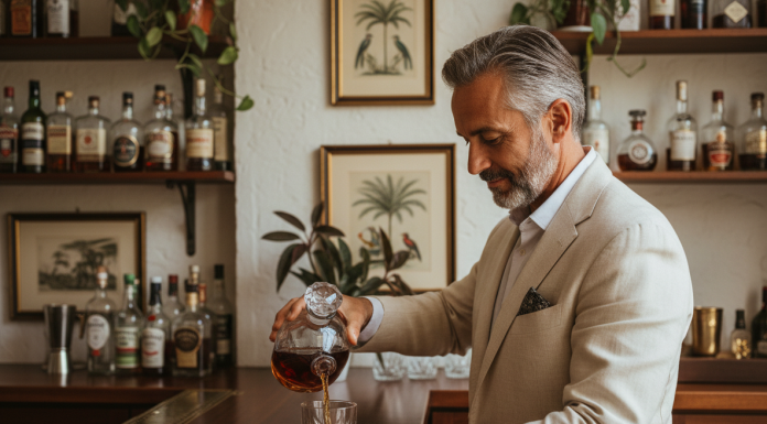 Pourquoi le rhum devient la star des spiritueux haut de gamme Homme d'âge moyen versant du rhum dans un verre en cristal