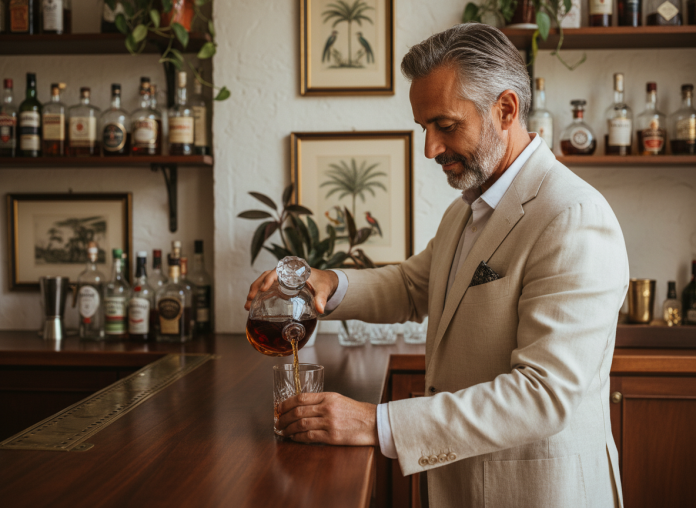 homme-ristre-porant-rhum Homme d'âge moyen versant du rhum dans un verre en cristal