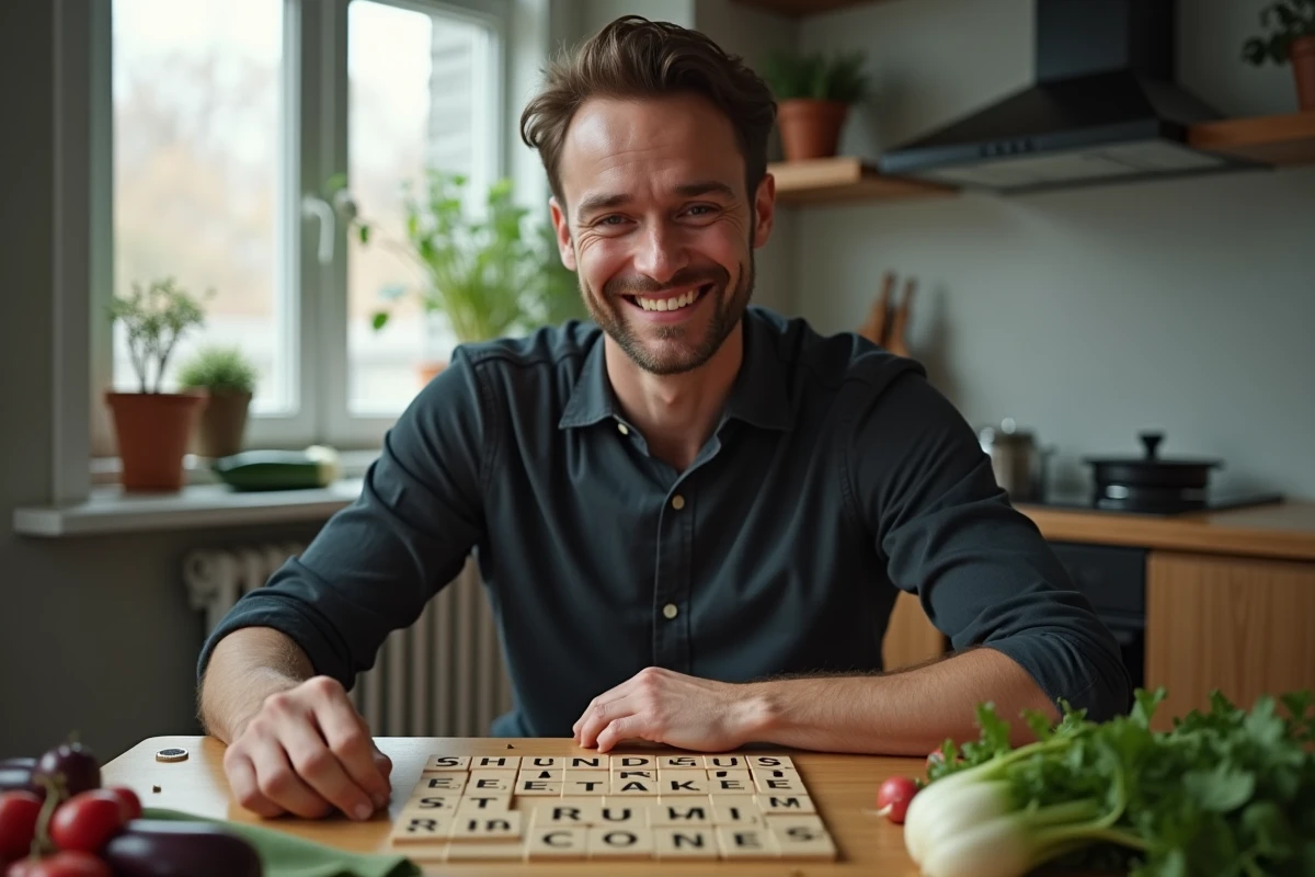 Homme jouant au Scrabble avec des noms de légumes entouré de légumes frais dans une cuisine urbaine