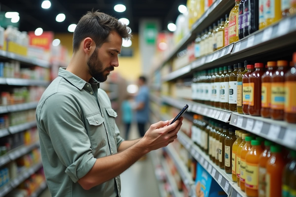 Homme vérifiant l'étiquette d'un vinaigre en rayon de supermarché avec son smartphone pour vérifier la conformité halal