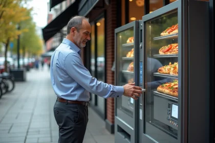 Homme d'affaires examine une machine à pizza moderne extérieure
