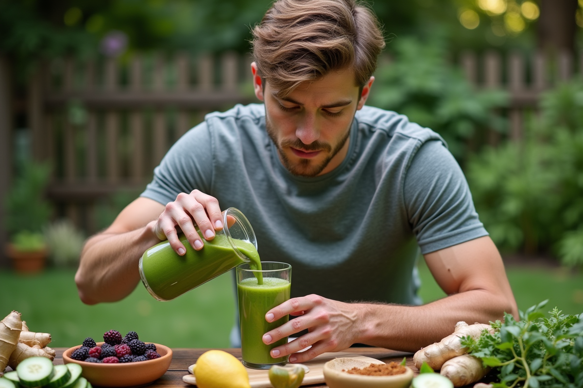 Jeune homme versant un smoothie vert dans un jardin ensoleille