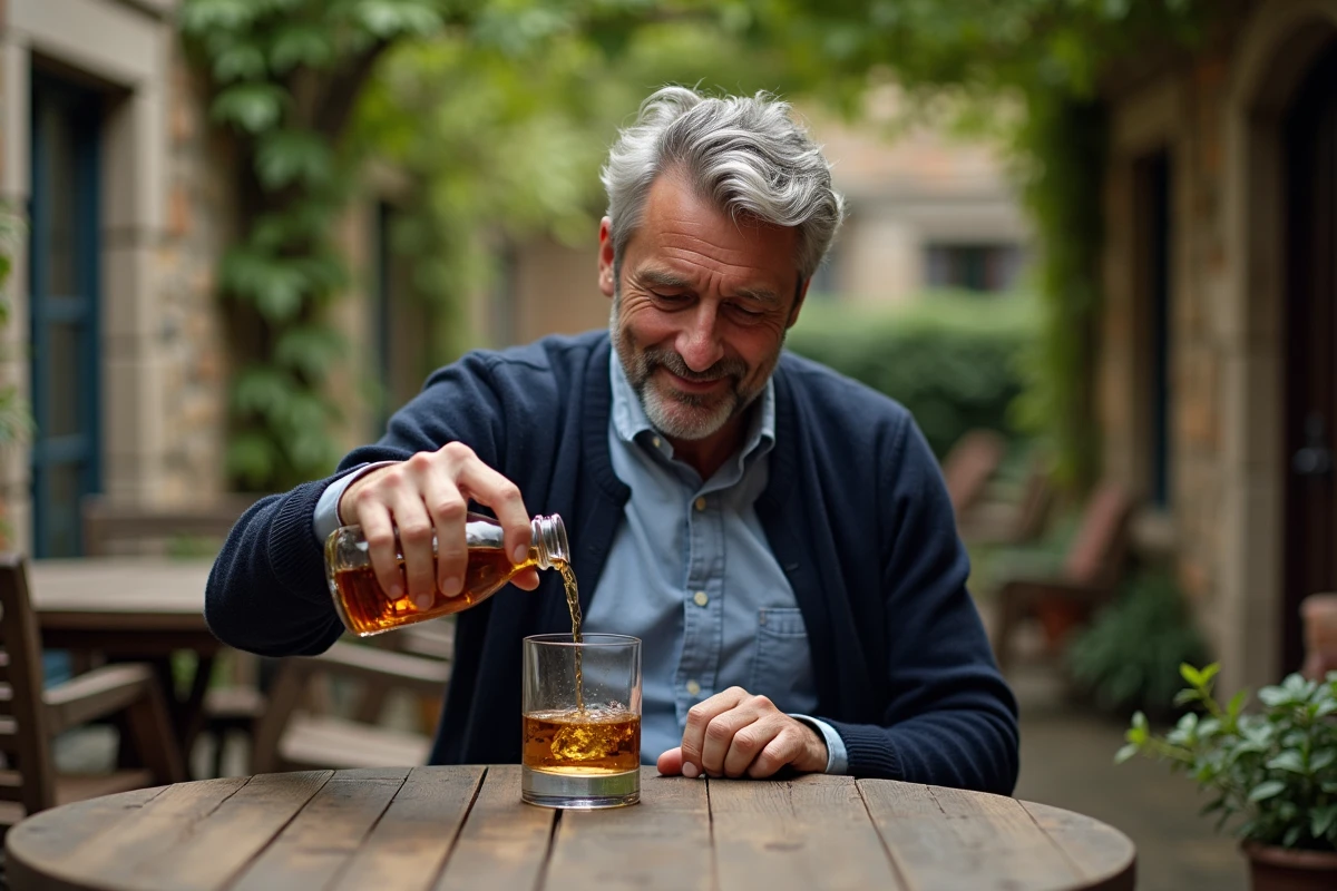 Homme versant du whisky sur une table en ext&eacute;rieur