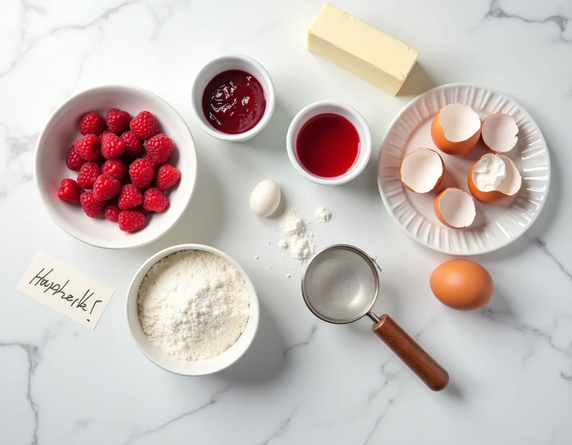 Vue de dessus des ingrédients pour un gâteau à la framboise disposés sur marbre blanc avec une carte de recette manuscrite