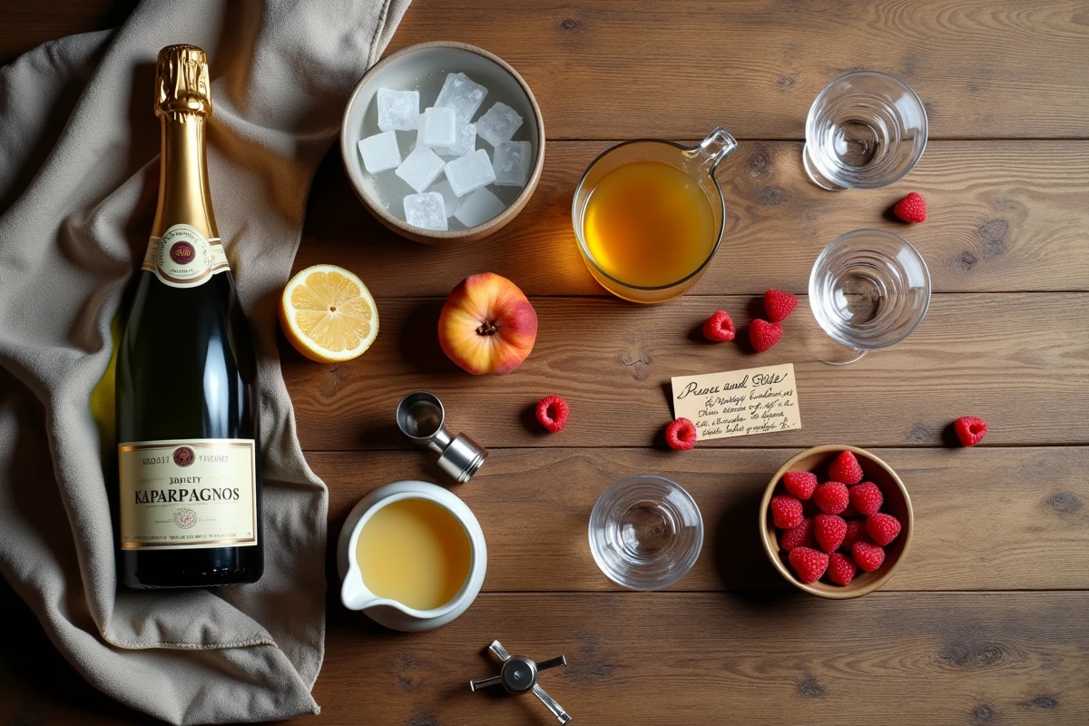 Vue de dessus des ingrédients de la soupe champagne disposés sur une table en bois rustique