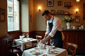 Intérieur authentique d'un bistrot parisien classique avec comptoir en zinc, tables en marbre et menu manuscrit, ambiance typique du Bistrot Paul Bert