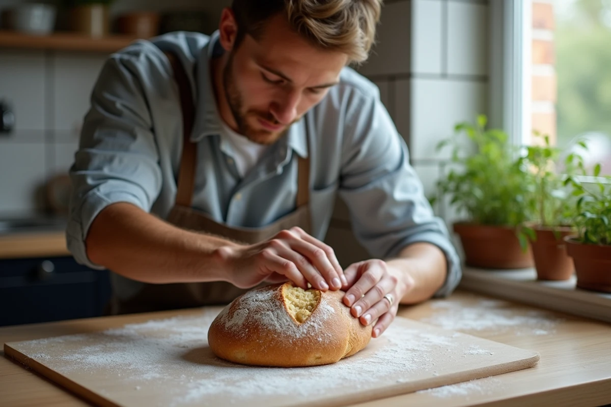Jeune homme tranchant un pain dans une cuisine moderne