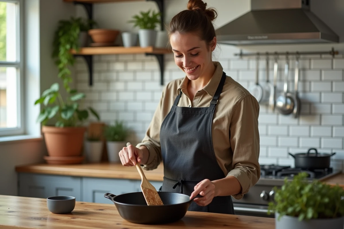 Jeune chef femme cuisinant dans une cuisine moderne