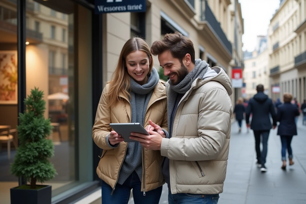 Jeune couple discutant de biens immobiliers devant une agence a Bordeaux