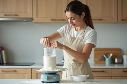 Jeune femme en cuisine mesure de la farine avec une balance
