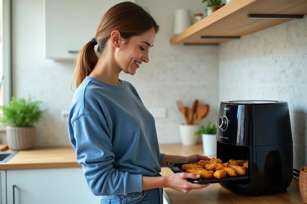 Jeune femme souriante sortant un plat de poulet frit de l'air fryer