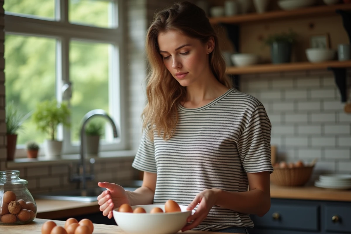 Jeune femme place des œufs dans un bol d'eau dans la cuisine