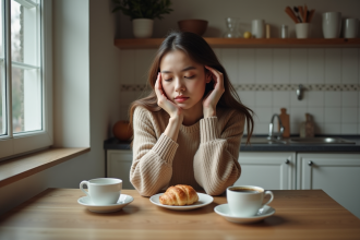 Jeune femme en petit-dejeuner cosy dans la cuisine