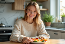 Jeune femme dégustant des snacks sans sucres dans la cuisine
