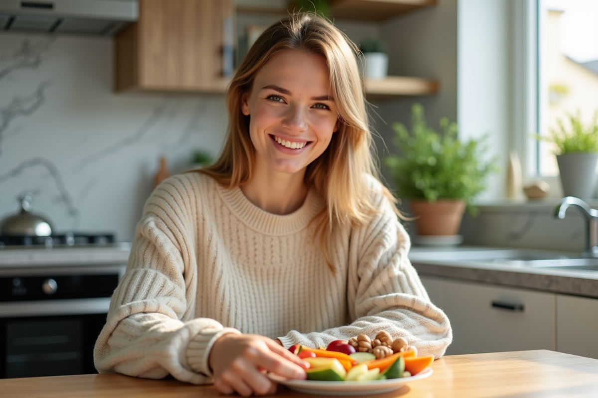 Jeune femme dégustant des snacks sans sucres dans la cuisine