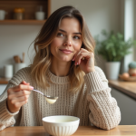 Jeune femme mangeant du yogourt dans une cuisine lumineuse