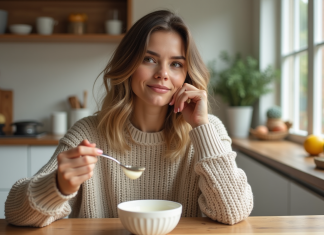 Meilleur moment consommer yaourt : avant ou après repas ? Jeune femme mangeant du yogourt dans une cuisine lumineuse
