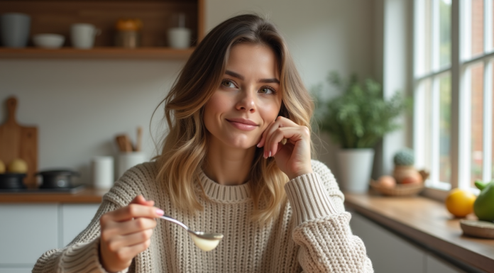 Jeune femme mangeant du yogourt dans une cuisine lumineuse