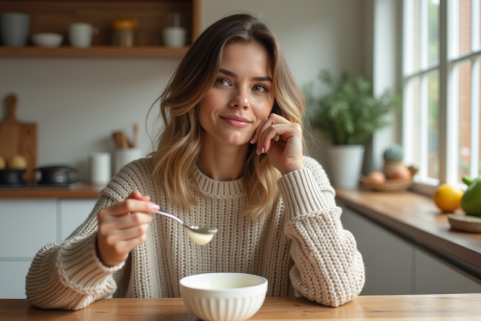 Jeune femme mangeant du yogourt dans une cuisine lumineuse