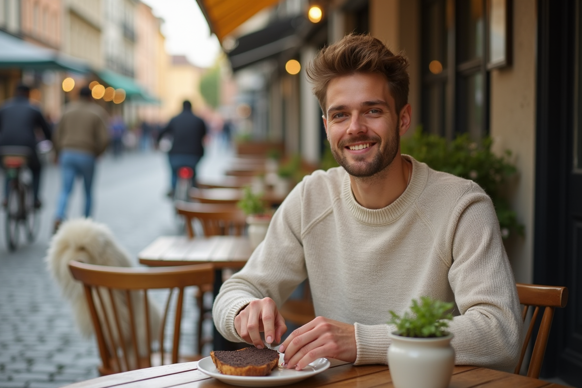 Jeune homme dégustant du pain dans un café en plein air